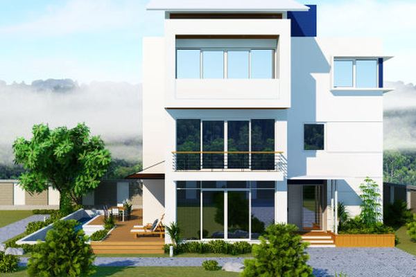 Modern multi-storey residential exterior architectural render — day scene with landscaping