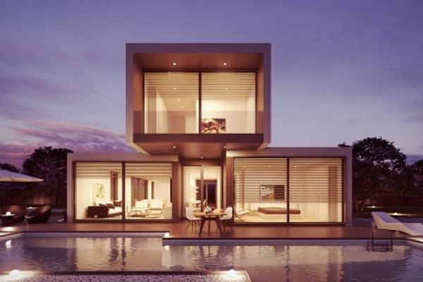 Luxury villa 3D architectural render — dusk lighting with pool and glazed facade