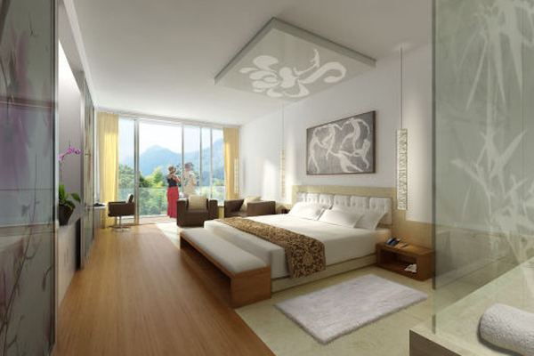Hotel bedroom interior 3D render — contemporary suite with balcony and mountain views