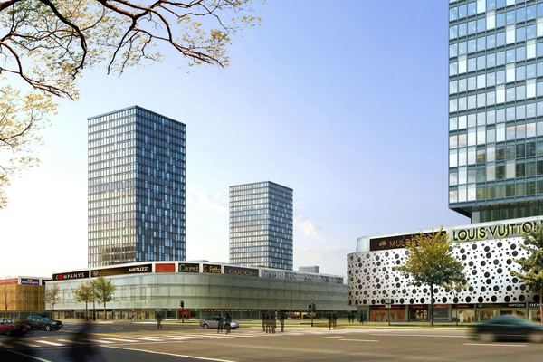 Commercial development 3D site render — mixed-use towers with retail podium